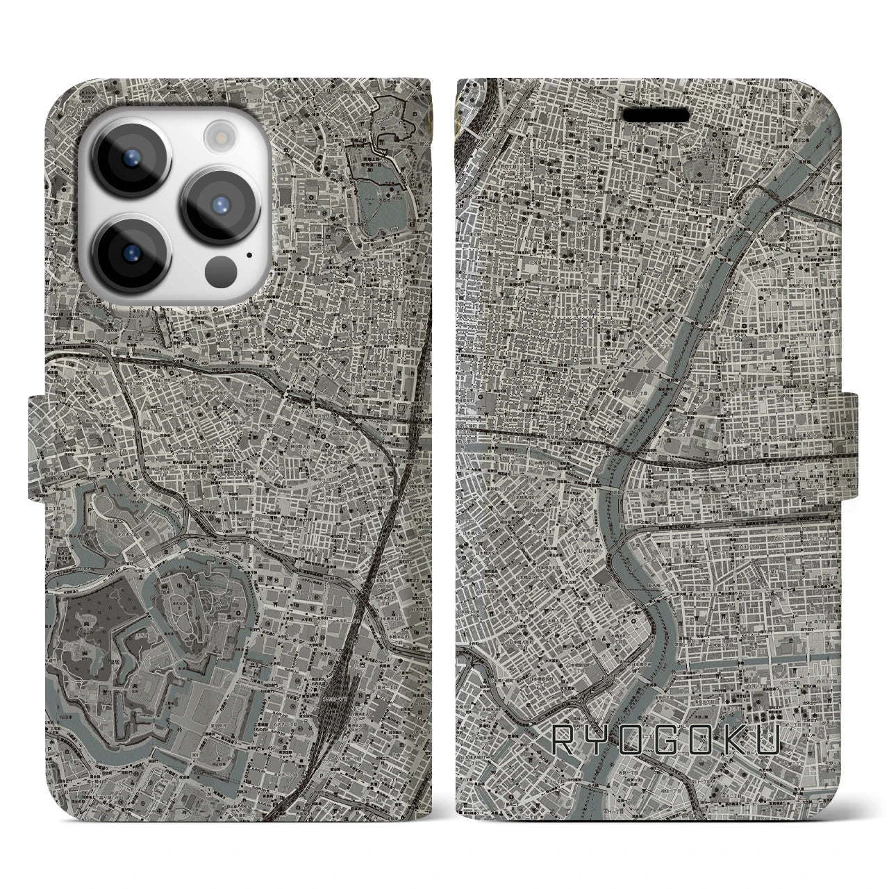 【両国】地図柄iPhoneケース（手帳両面タイプ・モノトーン）iPhone 14 Pro 用