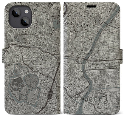 【両国（東京都）】地図柄iPhoneケース（手帳タイプ）モノトーン・iPhone 14 Plus 用