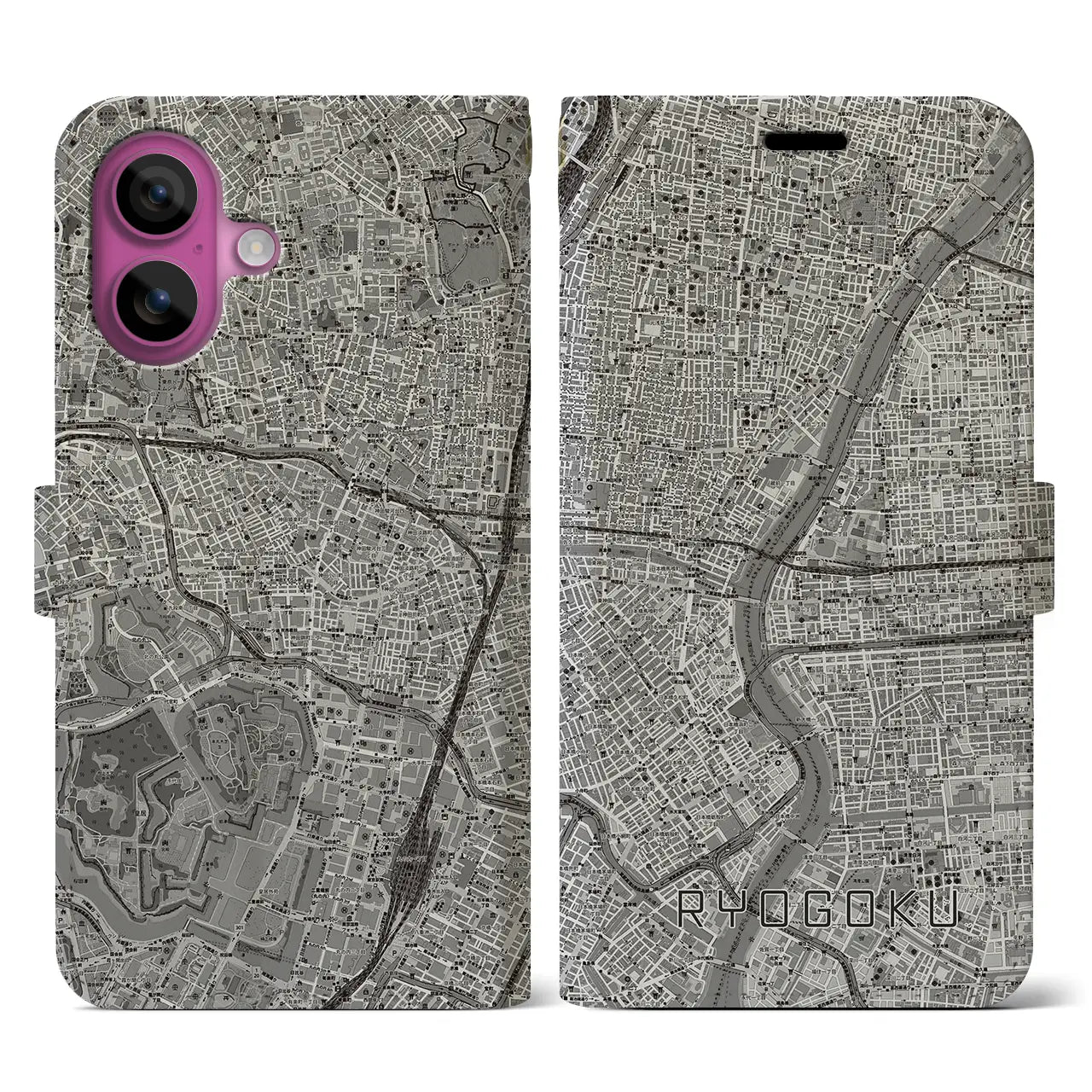 【両国（東京都）】地図柄iPhoneケース（手帳タイプ）モノトーン・iPhone 16 Pro 用