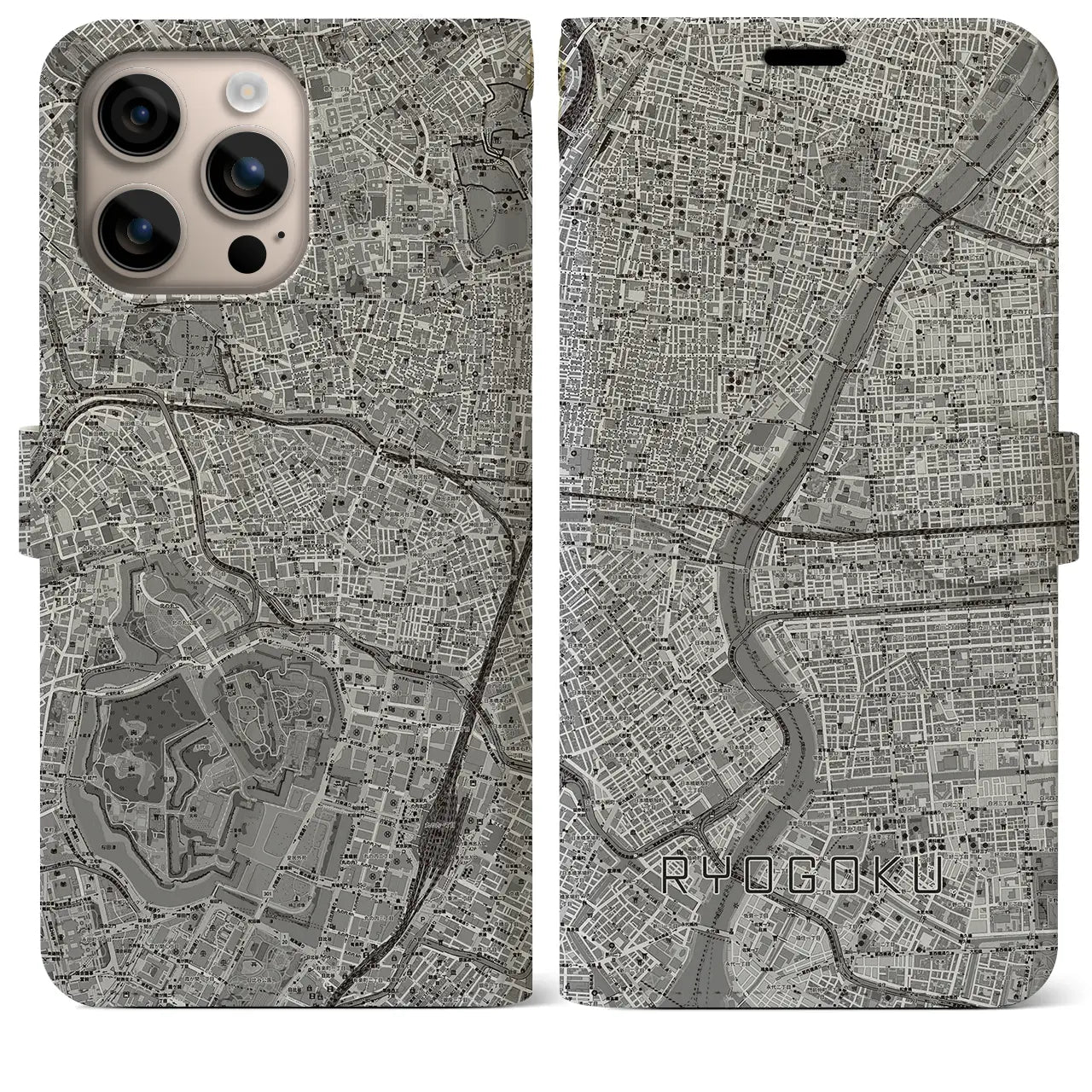 【両国（東京都）】地図柄iPhoneケース（手帳タイプ）モノトーン・iPhone 16 Plus 用