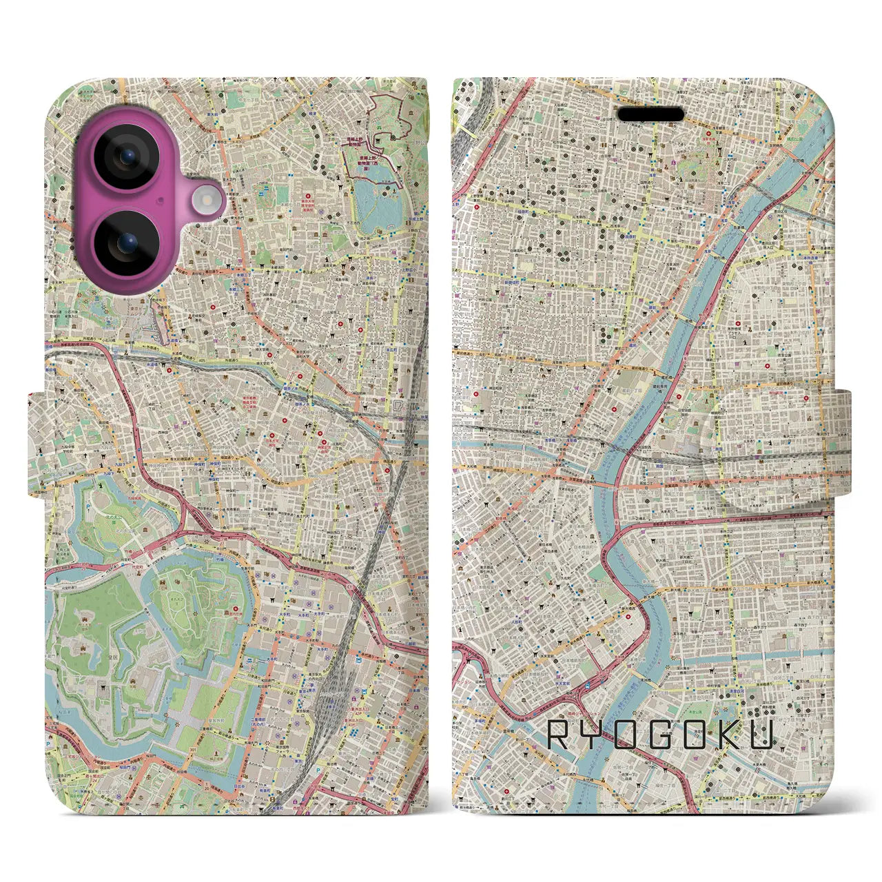 【両国（東京都）】地図柄iPhoneケース（手帳タイプ）ナチュラル・iPhone 16 Pro 用