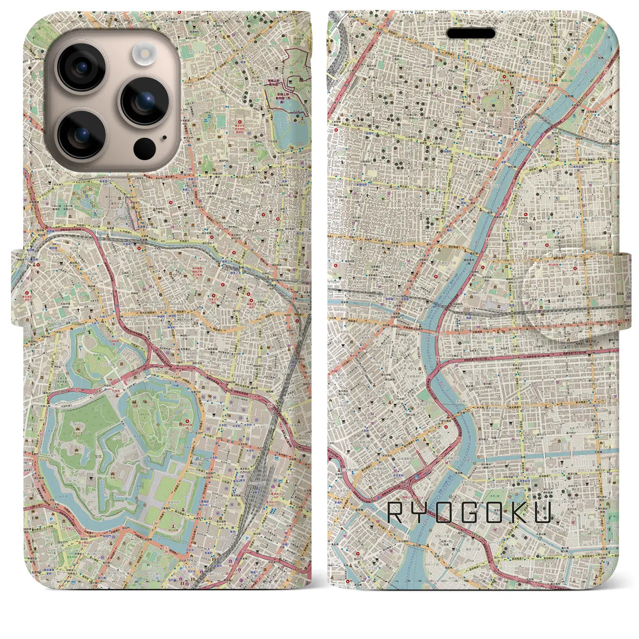 【両国（東京都）】地図柄iPhoneケース（手帳タイプ）ナチュラル・iPhone 16 Plus 用