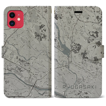 【龍ケ崎（茨城県）】地図柄iPhoneケース（手帳タイプ）モノトーン・iPhone 11 用