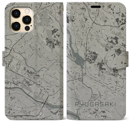 【龍ケ崎（茨城県）】地図柄iPhoneケース（手帳タイプ）モノトーン・iPhone 12 Pro Max 用