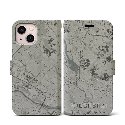 【龍ケ崎（茨城県）】地図柄iPhoneケース（手帳タイプ）モノトーン・iPhone 13 mini 用