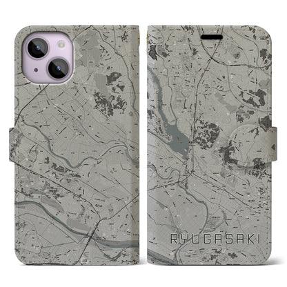 【龍ケ崎（茨城県）】地図柄iPhoneケース（手帳タイプ）モノトーン・iPhone 14 用