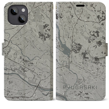 【龍ケ崎（茨城県）】地図柄iPhoneケース（手帳タイプ）モノトーン・iPhone 14 Plus 用