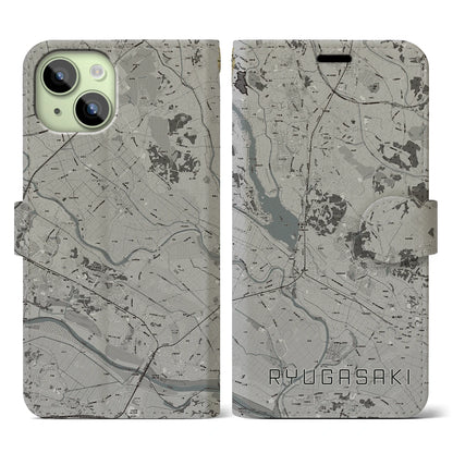 【龍ケ崎（茨城県）】地図柄iPhoneケース（手帳タイプ）モノトーン・iPhone 15 用