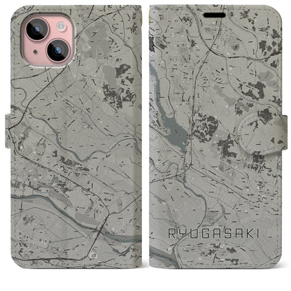 【龍ケ崎（茨城県）】地図柄iPhoneケース（手帳タイプ）モノトーン・iPhone 15 Plus 用