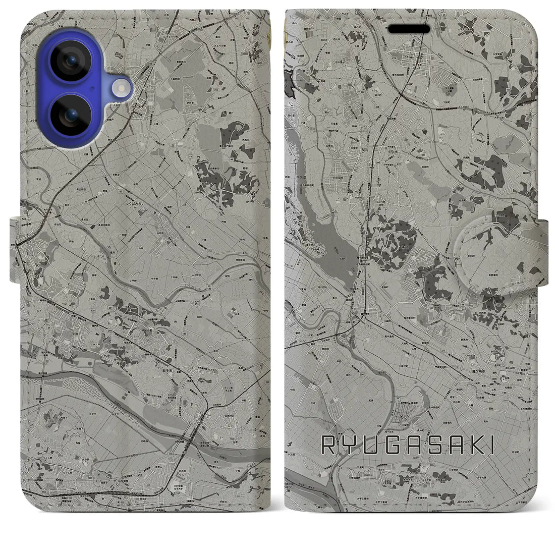 【龍ケ崎(茨城県)】地図柄iPhoneケース(手帳タイプ)モノトーン・iPhone 16 Pro Max 用