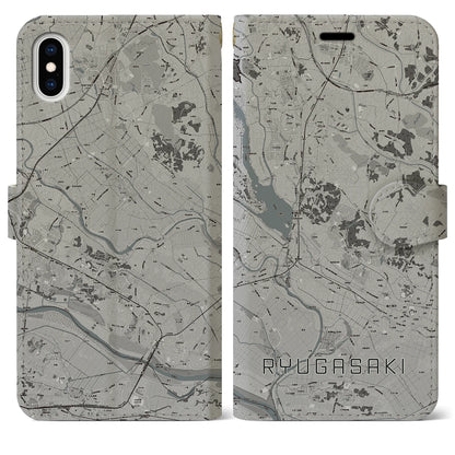 【龍ケ崎（茨城県）】地図柄iPhoneケース（手帳タイプ）モノトーン・iPhone XS Max 用