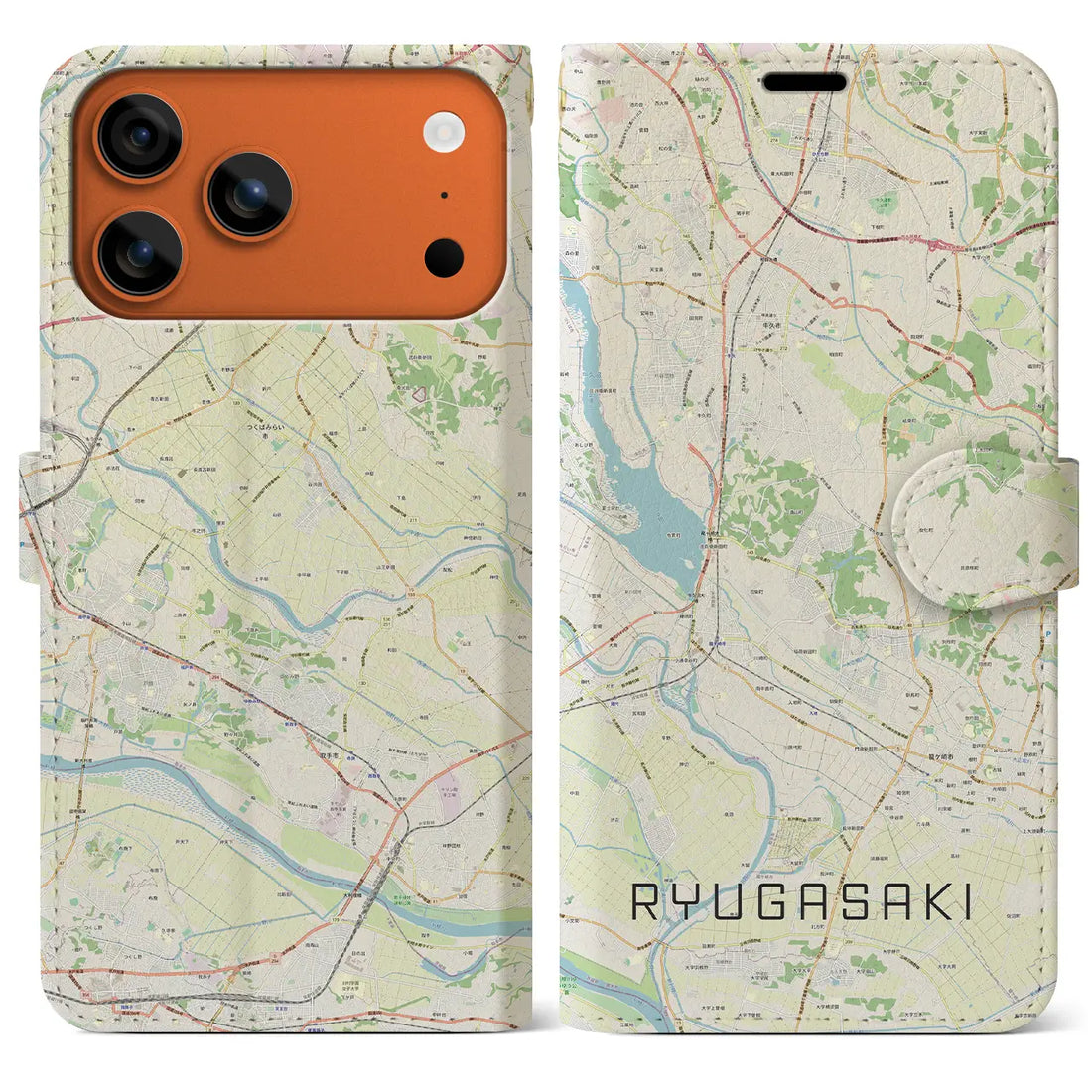 【龍ケ崎（茨城県）】地図柄iPhoneケース（手帳タイプ）ナチュラル・iPhone 17 Pro Max 用