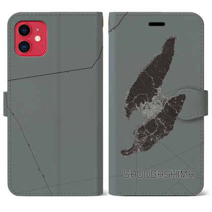 【佐渡島（新潟県）】地図柄iPhoneケース（手帳タイプ）モノトーン・iPhone 11 用