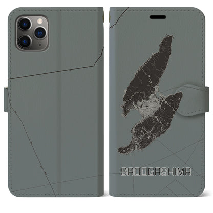 【佐渡島（新潟県）】地図柄iPhoneケース（手帳タイプ）モノトーン・iPhone 11 Pro Max 用