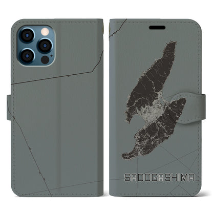 【佐渡島（新潟県）】地図柄iPhoneケース（手帳タイプ）モノトーン・iPhone 12 / 12 Pro 用