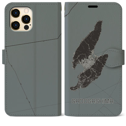 【佐渡島（新潟県）】地図柄iPhoneケース（手帳タイプ）モノトーン・iPhone 12 Pro Max 用
