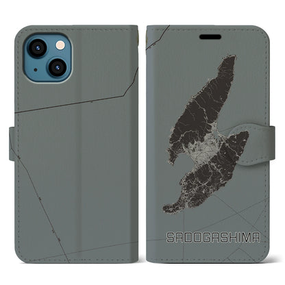 【佐渡島（新潟県）】地図柄iPhoneケース（手帳タイプ）モノトーン・iPhone 13 用