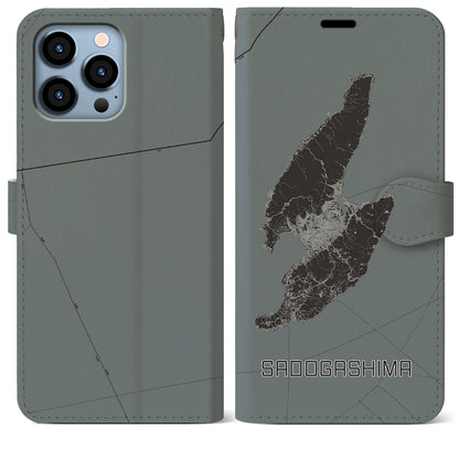 【佐渡島（新潟県）】地図柄iPhoneケース（手帳タイプ）モノトーン・iPhone 13 Pro Max 用