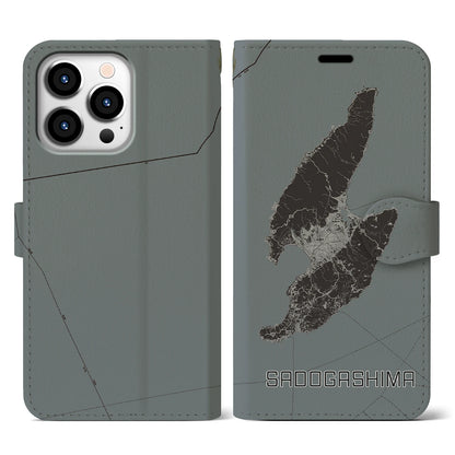 【佐渡島（新潟県）】地図柄iPhoneケース（手帳タイプ）モノトーン・iPhone 13 Pro 用