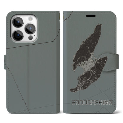 【佐渡島（新潟県）】地図柄iPhoneケース（手帳タイプ）モノトーン・iPhone 14 Pro 用