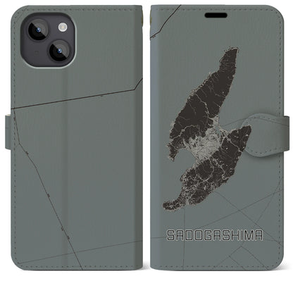 【佐渡島（新潟県）】地図柄iPhoneケース（手帳タイプ）モノトーン・iPhone 14 Plus 用