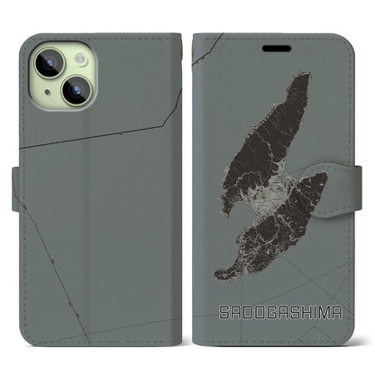 【佐渡島（新潟県）】地図柄iPhoneケース（手帳タイプ）モノトーン・iPhone 15 用