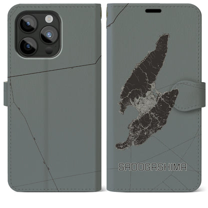 【佐渡島（新潟県）】地図柄iPhoneケース（手帳タイプ）モノトーン・iPhone 15 Pro Max 用