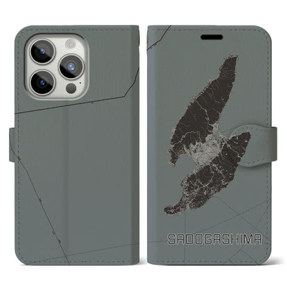 【佐渡島（新潟県）】地図柄iPhoneケース（手帳タイプ）モノトーン・iPhone 15 Pro 用
