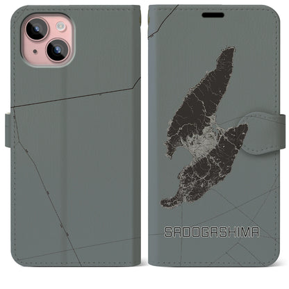 【佐渡島（新潟県）】地図柄iPhoneケース（手帳タイプ）モノトーン・iPhone 15 Plus 用