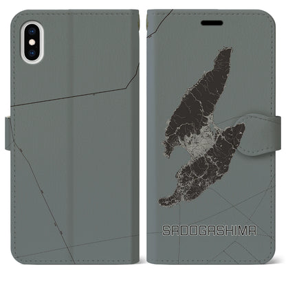 【佐渡島（新潟県）】地図柄iPhoneケース（手帳タイプ）モノトーン・iPhone XS Max 用
