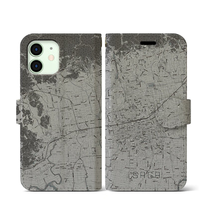 【佐賀2（佐賀県）】地図柄iPhoneケース（手帳タイプ）モノトーン・iPhone 12 mini 用
