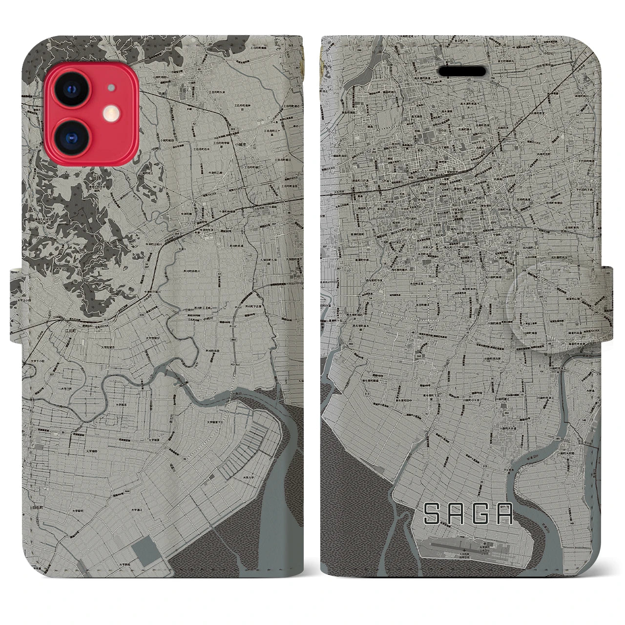 【佐賀】地図柄iPhoneケース（手帳両面タイプ・モノトーン）iPhone 11 用