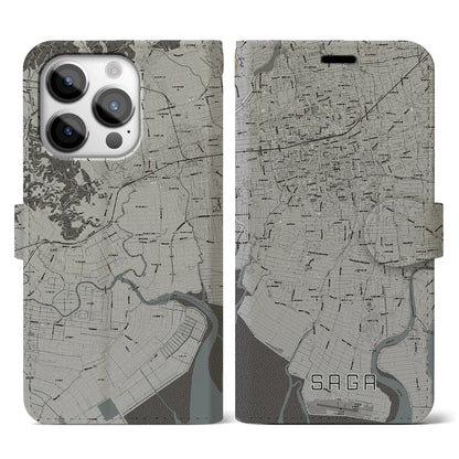 【佐賀（佐賀県）】地図柄iPhoneケース（手帳タイプ）モノトーン・iPhone 14 Pro 用