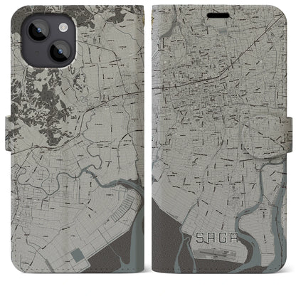 【佐賀（佐賀県）】地図柄iPhoneケース（手帳タイプ）モノトーン・iPhone 14 Plus 用