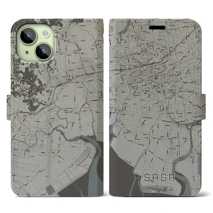 【佐賀（佐賀県）】地図柄iPhoneケース（手帳タイプ）モノトーン・iPhone 15 用