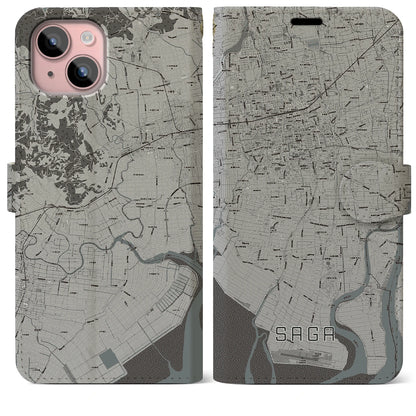 【佐賀（佐賀県）】地図柄iPhoneケース（手帳タイプ）モノトーン・iPhone 15 Plus 用