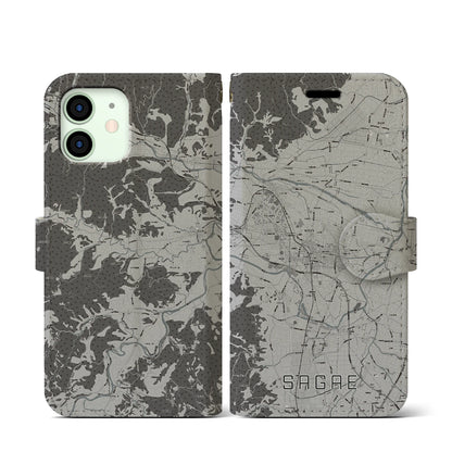 【寒河江（山形県）】地図柄iPhoneケース（手帳タイプ）モノトーン・iPhone 12 mini 用