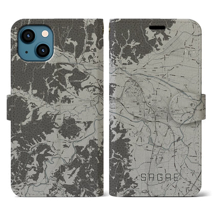 【寒河江（山形県）】地図柄iPhoneケース（手帳タイプ）モノトーン・iPhone 13 用