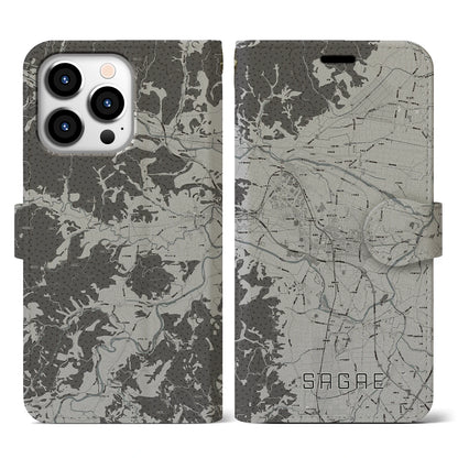 【寒河江（山形県）】地図柄iPhoneケース（手帳タイプ）モノトーン・iPhone 13 Pro 用