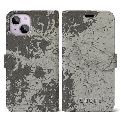 【寒河江（山形県）】地図柄iPhoneケース（手帳タイプ）モノトーン・iPhone 14 用