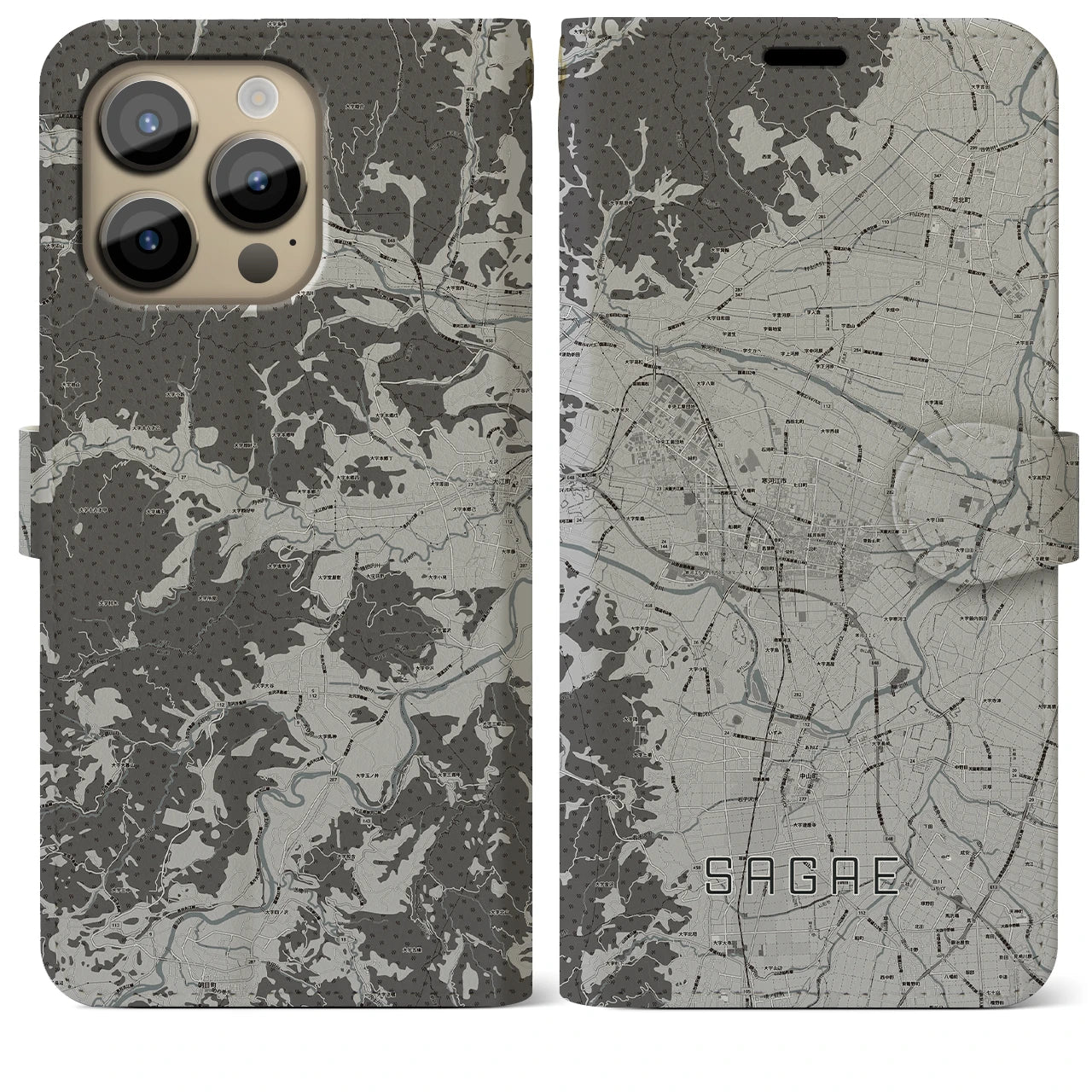【寒河江】地図柄iPhoneケース（手帳両面タイプ・モノトーン）iPhone 14 Pro Max 用