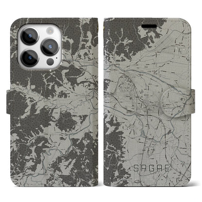 【寒河江（山形県）】地図柄iPhoneケース（手帳タイプ）モノトーン・iPhone 14 Pro 用