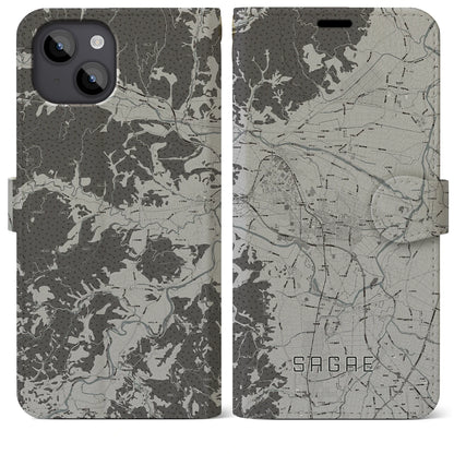 【寒河江（山形県）】地図柄iPhoneケース（手帳タイプ）モノトーン・iPhone 14 Plus 用