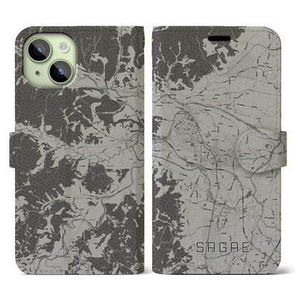 【寒河江（山形県）】地図柄iPhoneケース（手帳タイプ）モノトーン・iPhone 15 用