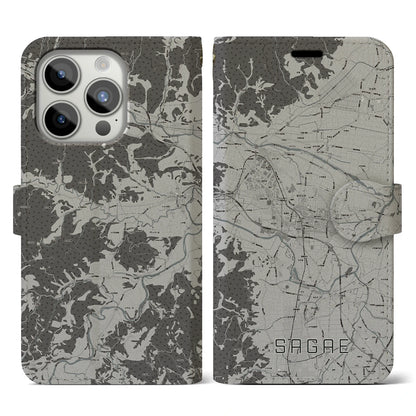 【寒河江（山形県）】地図柄iPhoneケース（手帳タイプ）モノトーン・iPhone 15 Pro 用