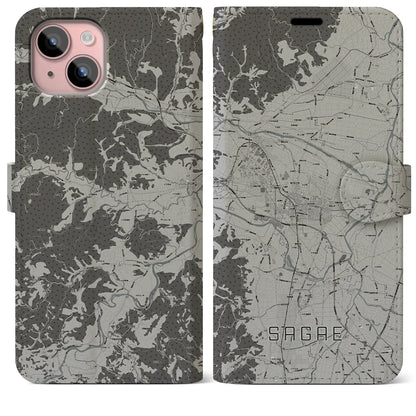 【寒河江（山形県）】地図柄iPhoneケース（手帳タイプ）モノトーン・iPhone 15 Plus 用