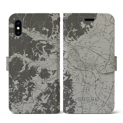 【寒河江（山形県）】地図柄iPhoneケース（手帳タイプ）モノトーン・iPhone XS / X 用