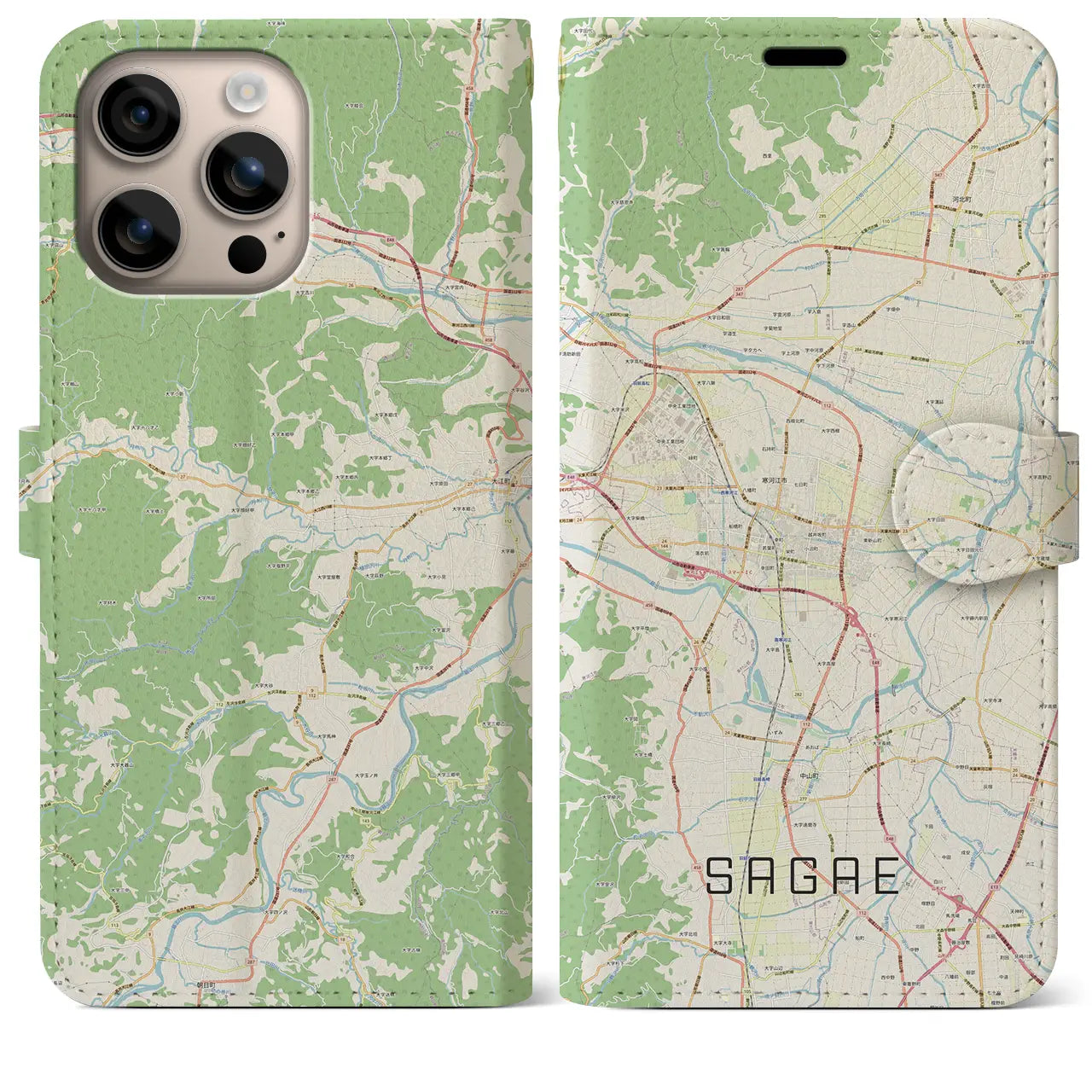 【寒河江（山形県）】地図柄iPhoneケース（手帳タイプ）ナチュラル・iPhone 16 Plus 用