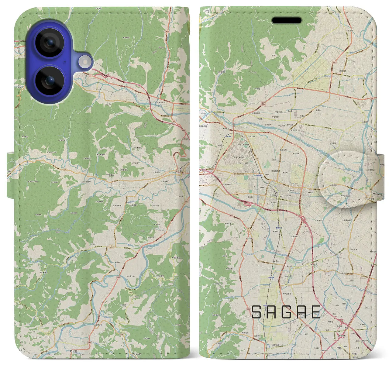 【寒河江（山形県）】地図柄iPhoneケース（手帳タイプ）ナチュラル・iPhone 16 Pro Max 用