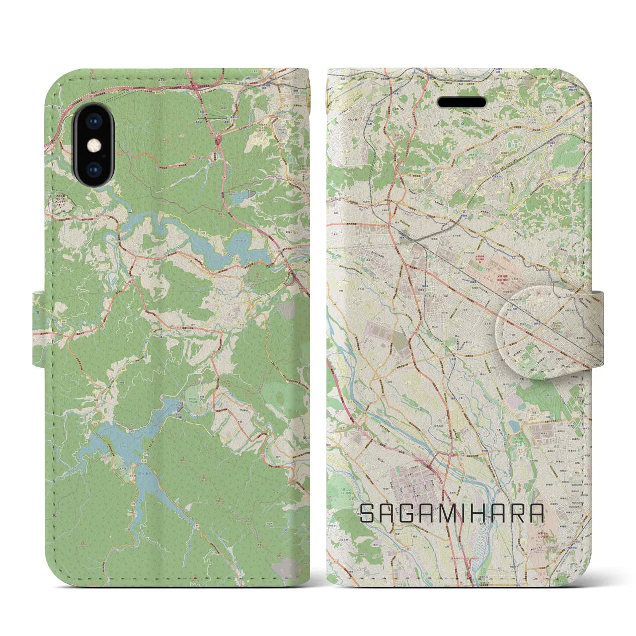 【相模原（神奈川県）】地図柄iPhoneケース（手帳タイプ）ナチュラル・iPhone XS / X 用